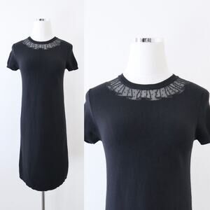 Red Valentino Size XS Lace Yoke Wool Knit Short Sleeve Black Bodycon